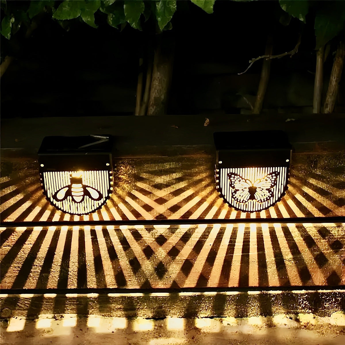 Decorative Solar-Powered Outdoor Wall Lanterns with Laser-Cut Insect and Floral Panels