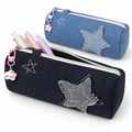 Denim Star Patch Pencil Case and Cosmetic Makeup Bag with Zipper Charm