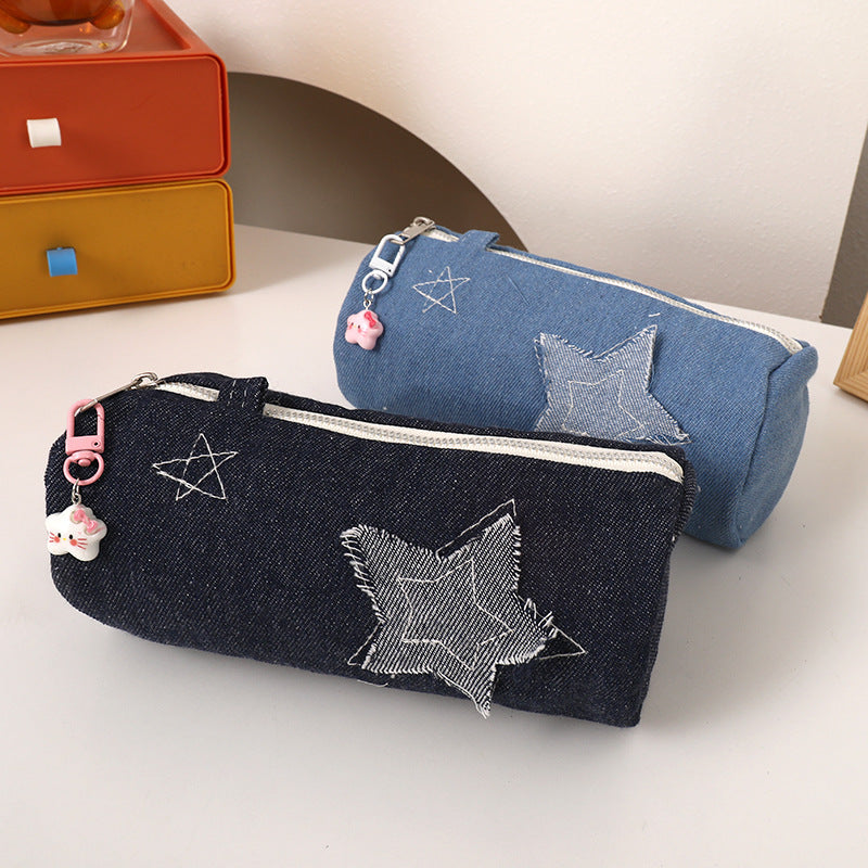 Denim Star Patch Pencil Case and Cosmetic Makeup Bag with Zipper Charm