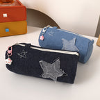 Denim Star Patch Pencil Case and Cosmetic Makeup Bag with Zipper Charm