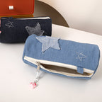 Denim Star Patch Pencil Case and Cosmetic Makeup Bag with Zipper Charm