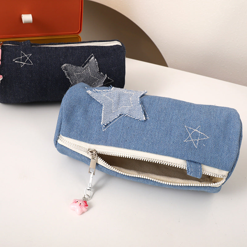 Denim Star Patch Pencil Case and Cosmetic Makeup Bag with Zipper Charm