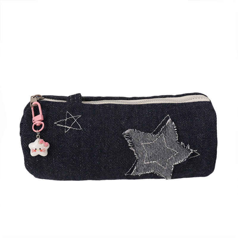 Denim Star Patch Pencil Case and Cosmetic Makeup Bag with Zipper Charm