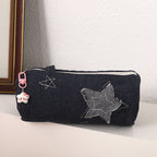 Denim Star Patch Pencil Case and Cosmetic Makeup Bag with Zipper Charm