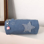 Denim Star Patch Pencil Case and Cosmetic Makeup Bag with Zipper Charm