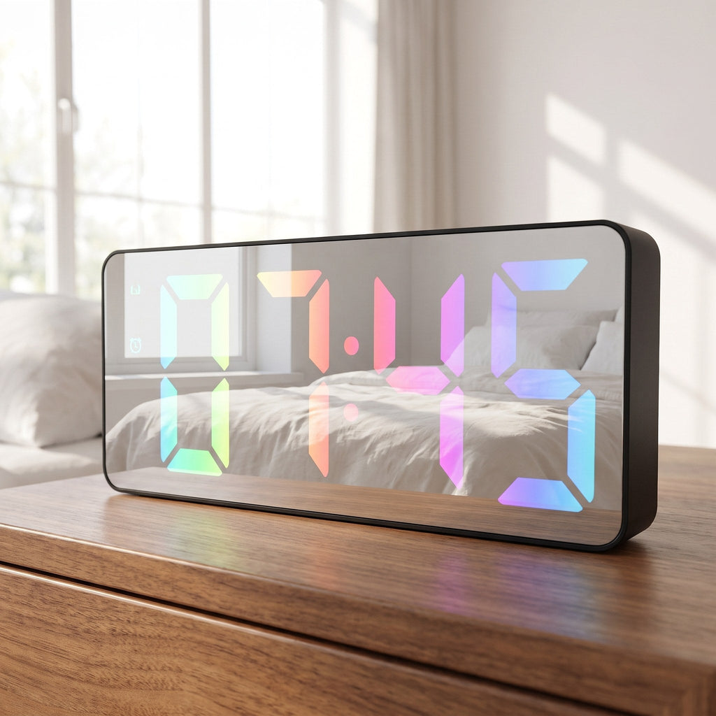 Digital alarm clock with mirror finish