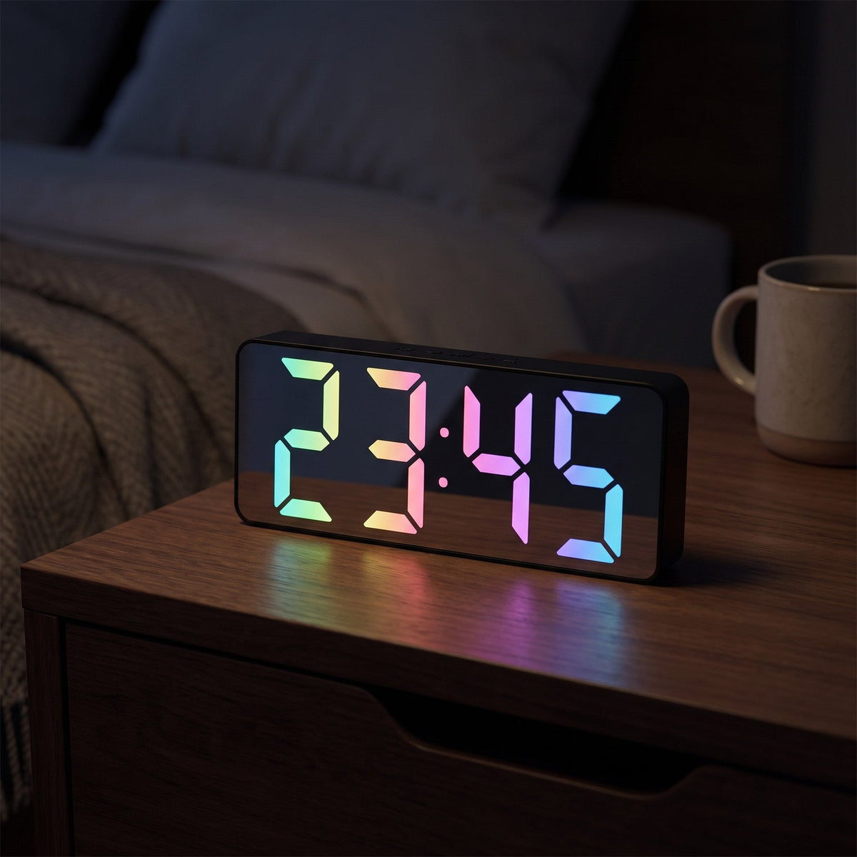 Digital alarm clock with mirror finish