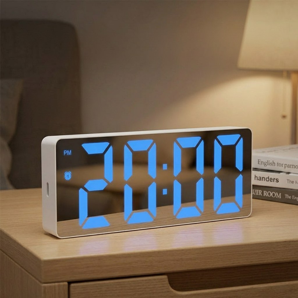 Digital alarm clock with mirror finish