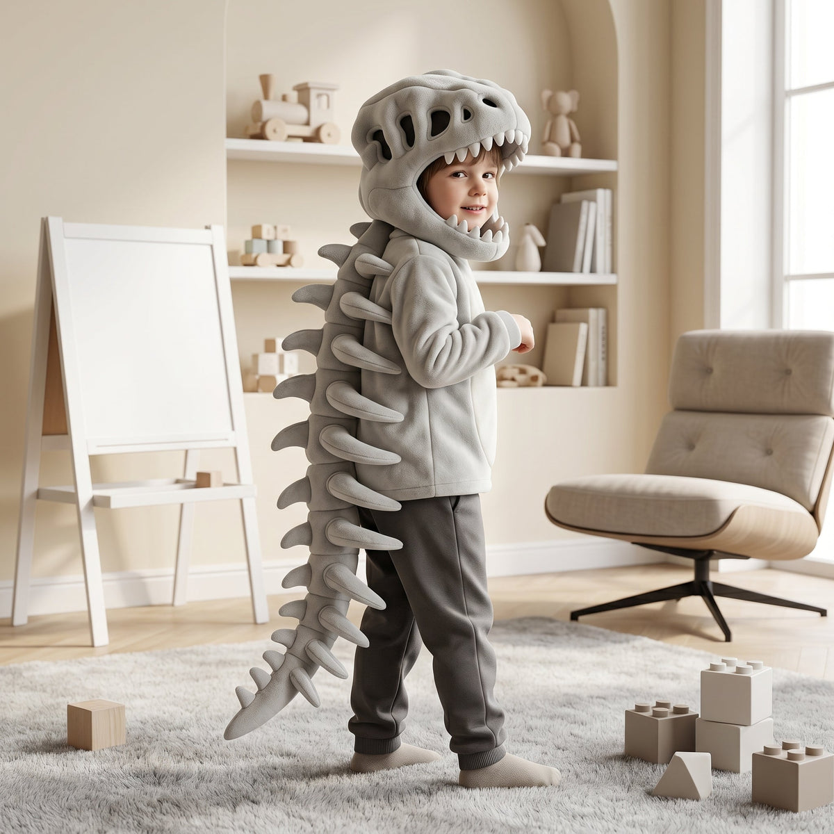 Dinosaur Skull Fleece Hoodie for Kids – Costume with Skeleton Spine