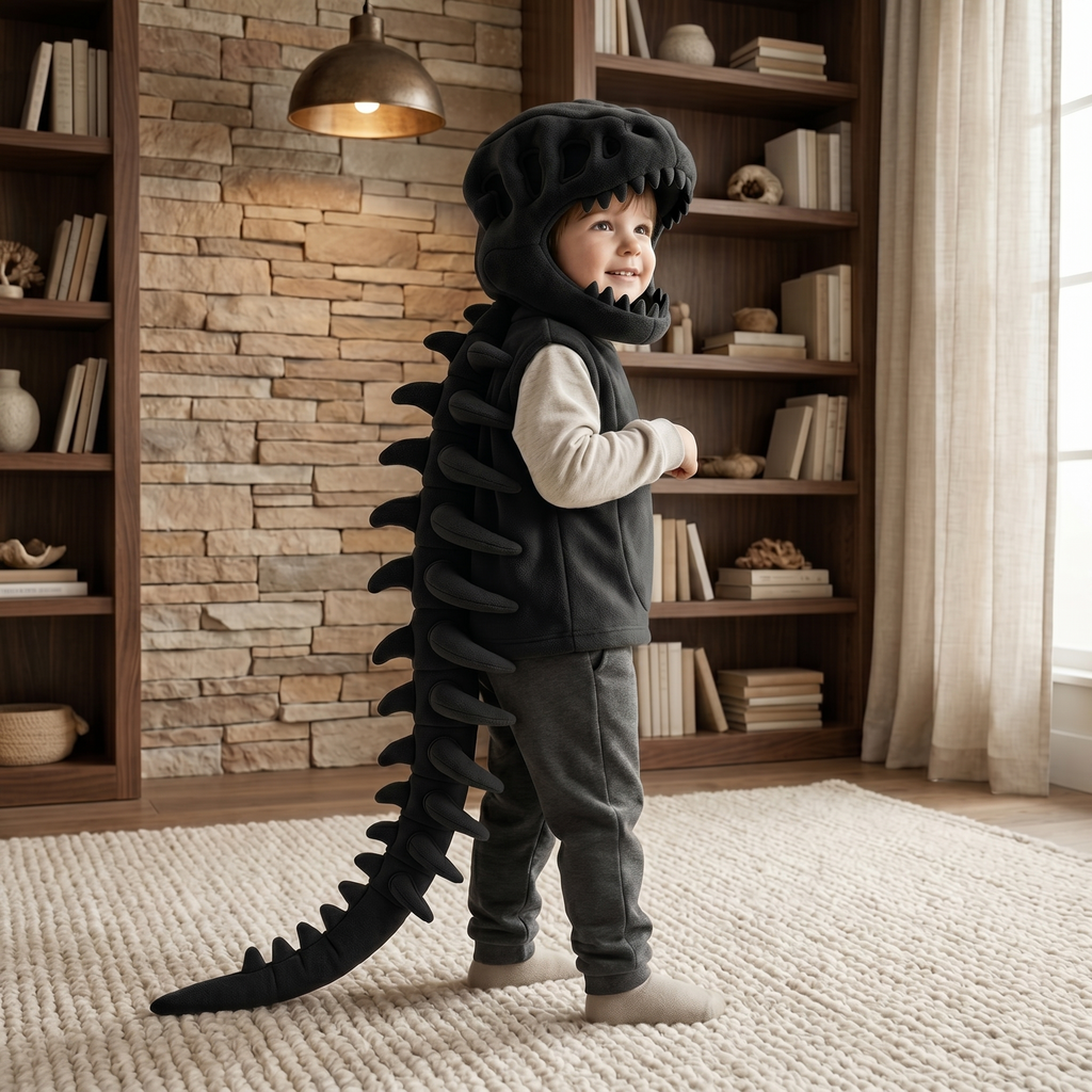 Dinosaur Skull Fleece Hoodie for Kids – Costume with Skeleton Spine
