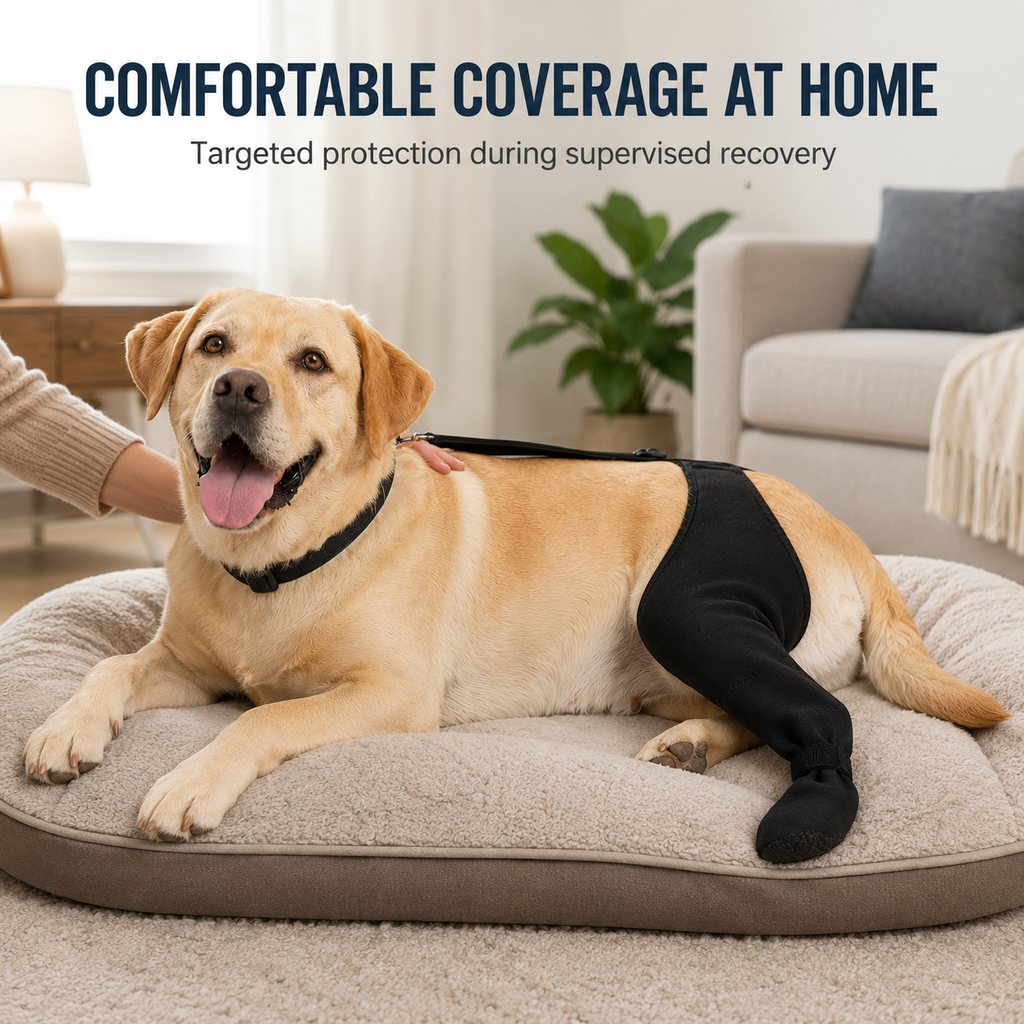 Boneroshop Adjustable Dog Rear Leg Recovery Sleeve with Paw Cover - Helps Limit Licking During Post-Surgery Rest