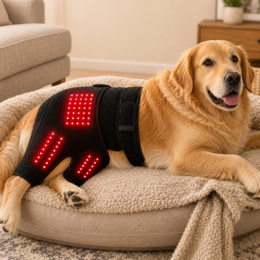 Boneroshop Wearable red light therapy sleeve for dogs, used for home care of the lower back and hind legs/hips.
