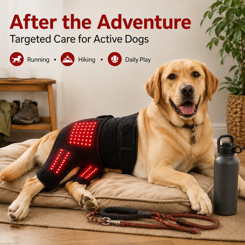 Boneroshop Wearable red light therapy sleeve for dogs, used for home care of the lower back and hind legs/hips.