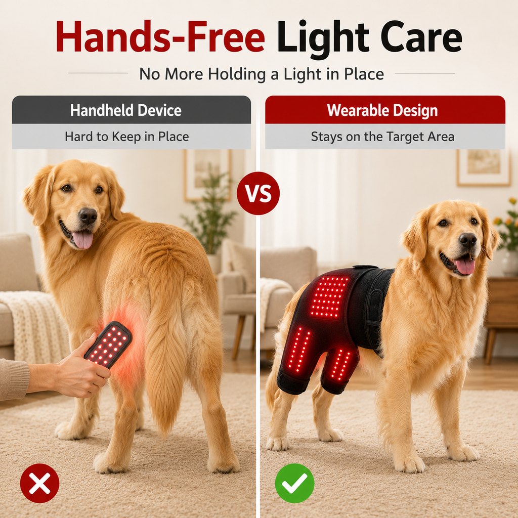 Boneroshop Wearable red light therapy sleeve for dogs, used for home care of the lower back and hind legs/hips.