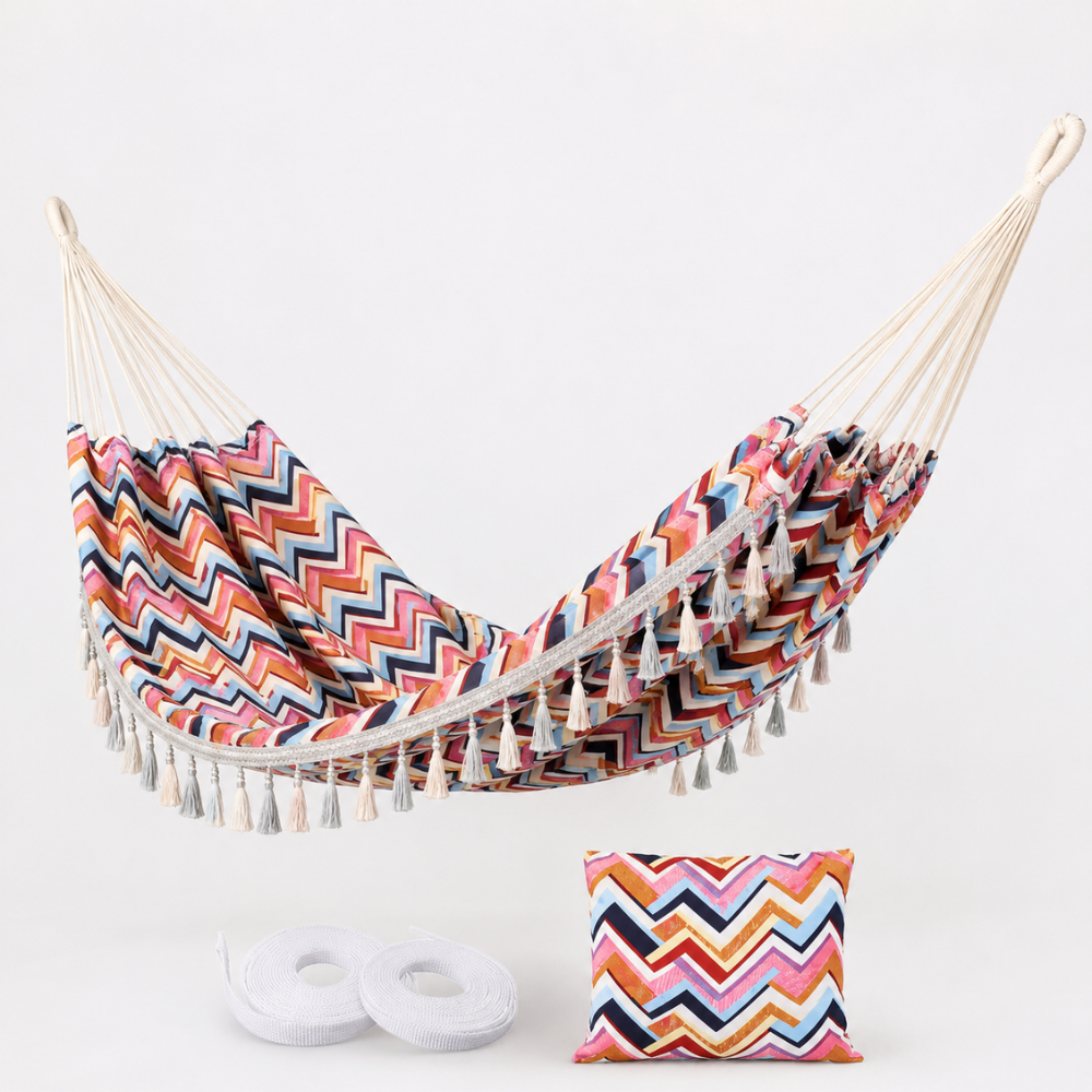 Double Hammock | Woven Polyester & Tassel Trim | Carrying Bag Included