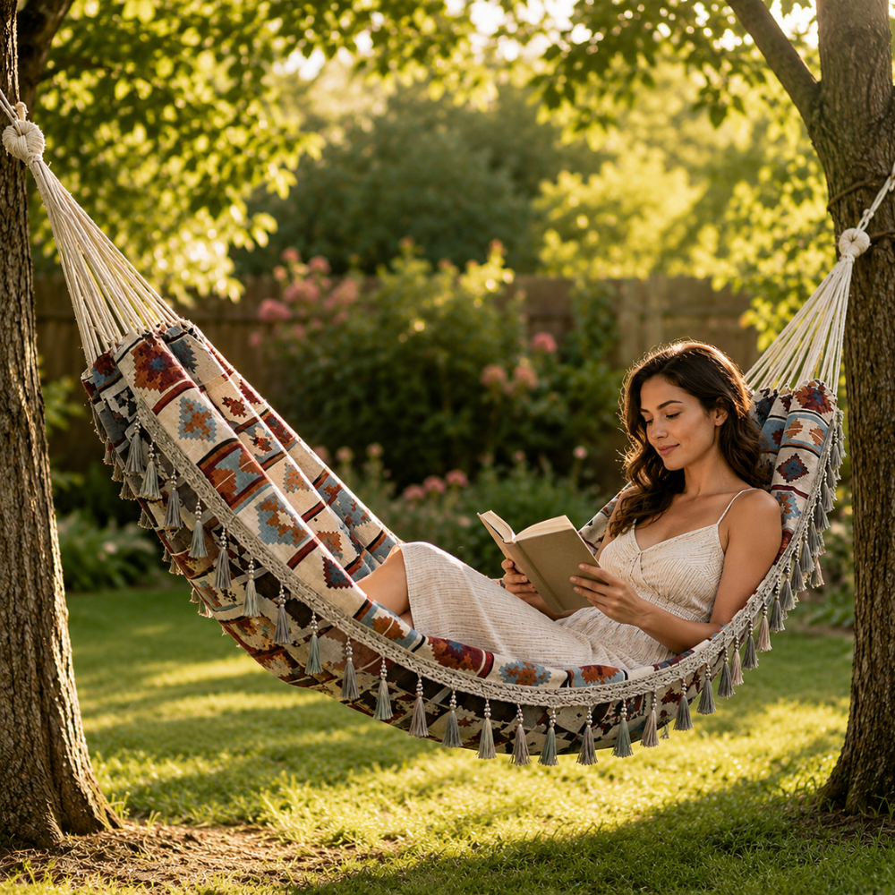 Double Hammock | Woven Polyester & Tassel Trim | Carrying Bag Included