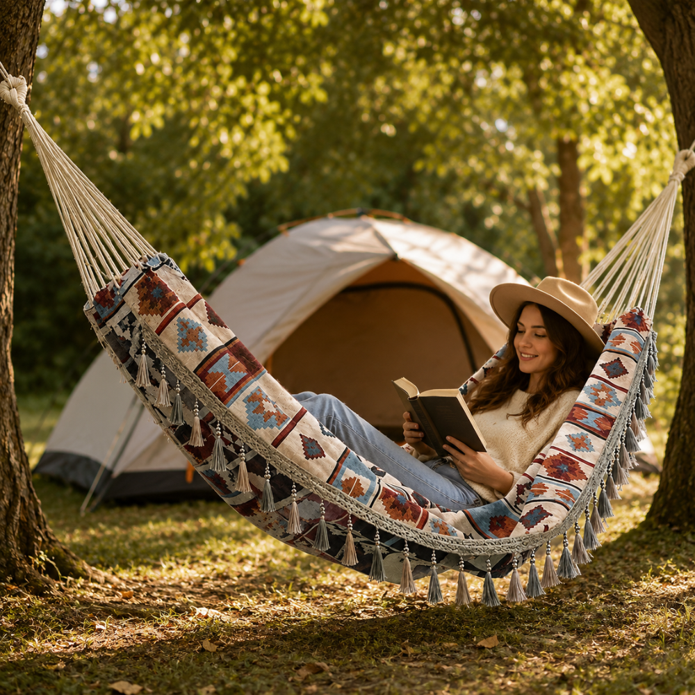 Double Hammock | Woven Polyester & Tassel Trim | Carrying Bag Included