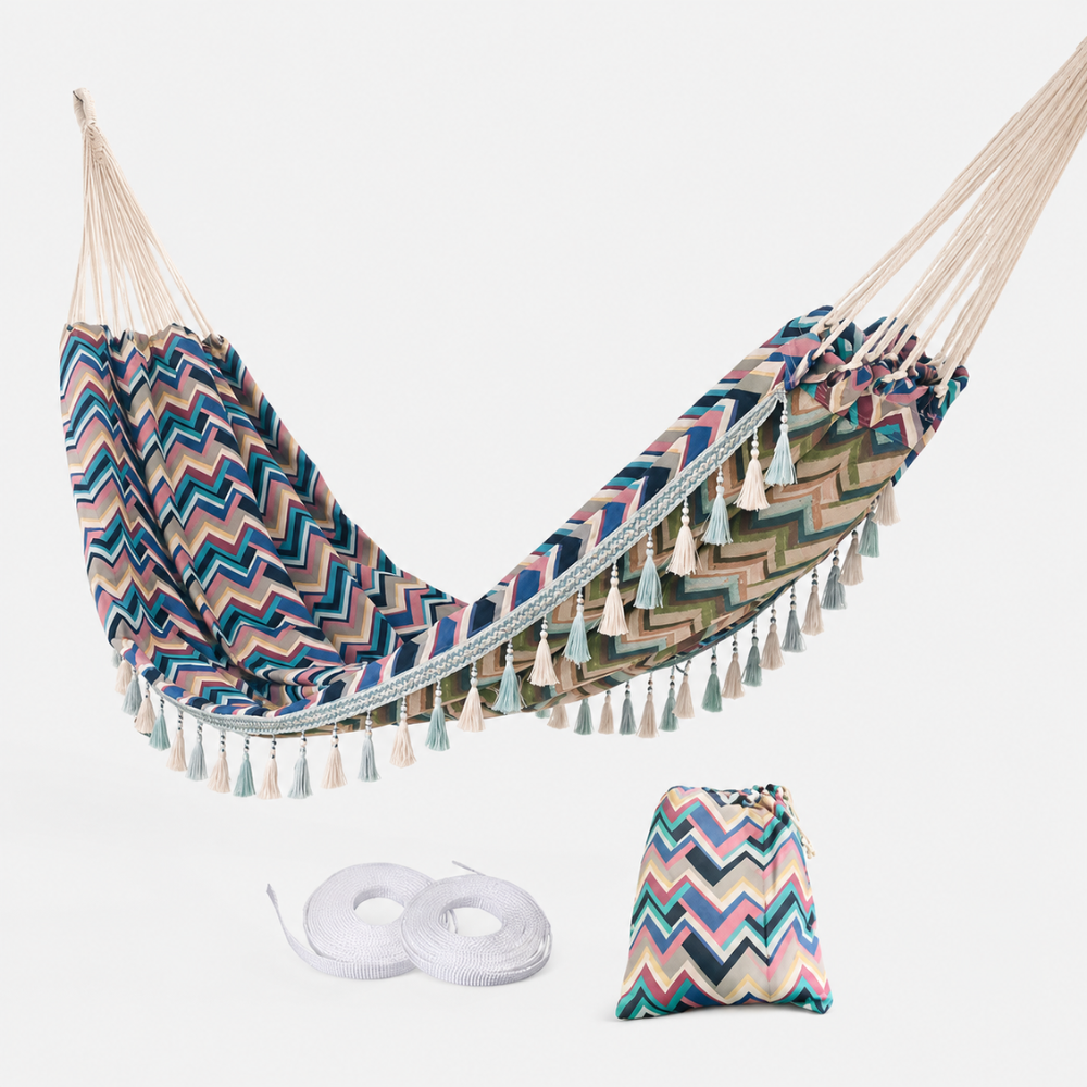 Double Hammock | Woven Polyester & Tassel Trim | Carrying Bag Included