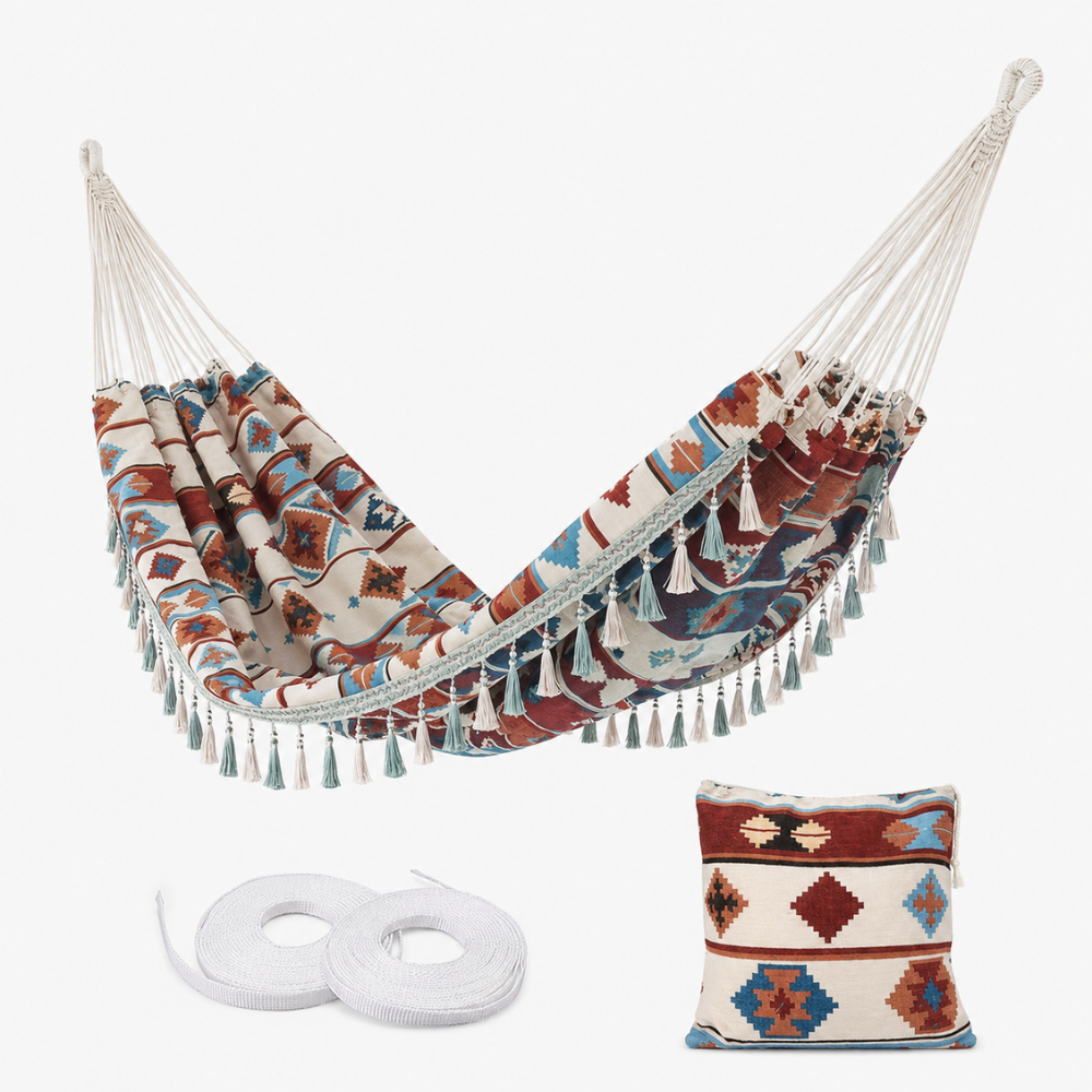 Double Hammock | Woven Polyester & Tassel Trim | Carrying Bag Included