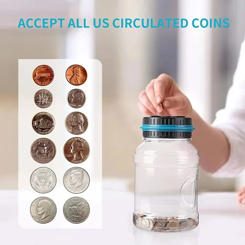 Electronic piggy bank with coin counter and LCD display