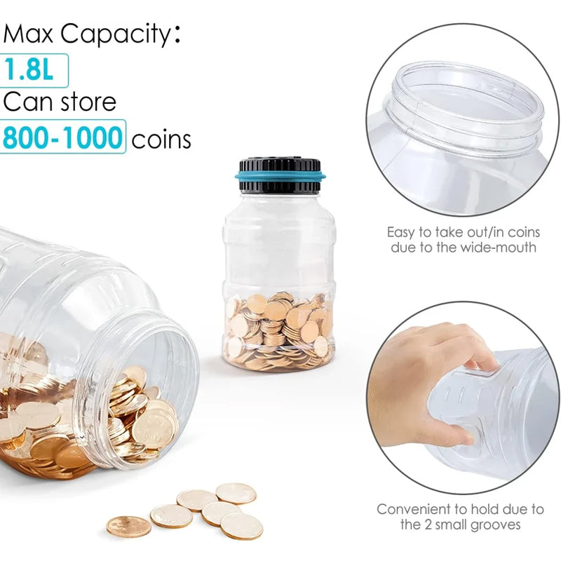 Electronic piggy bank with coin counter and LCD display
