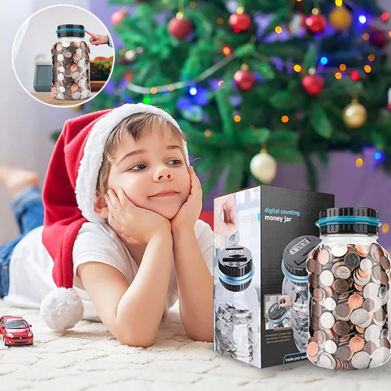 Electronic piggy bank with coin counter and LCD display