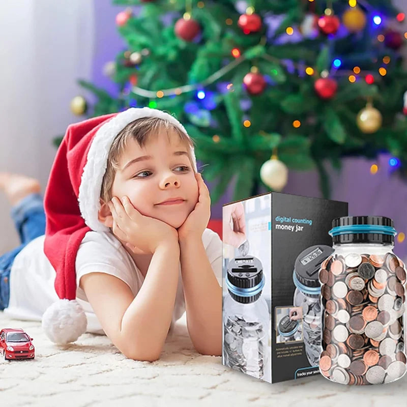 Electronic piggy bank with coin counter and LCD display
