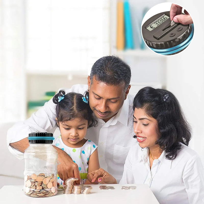 Electronic piggy bank with coin counter and LCD display
