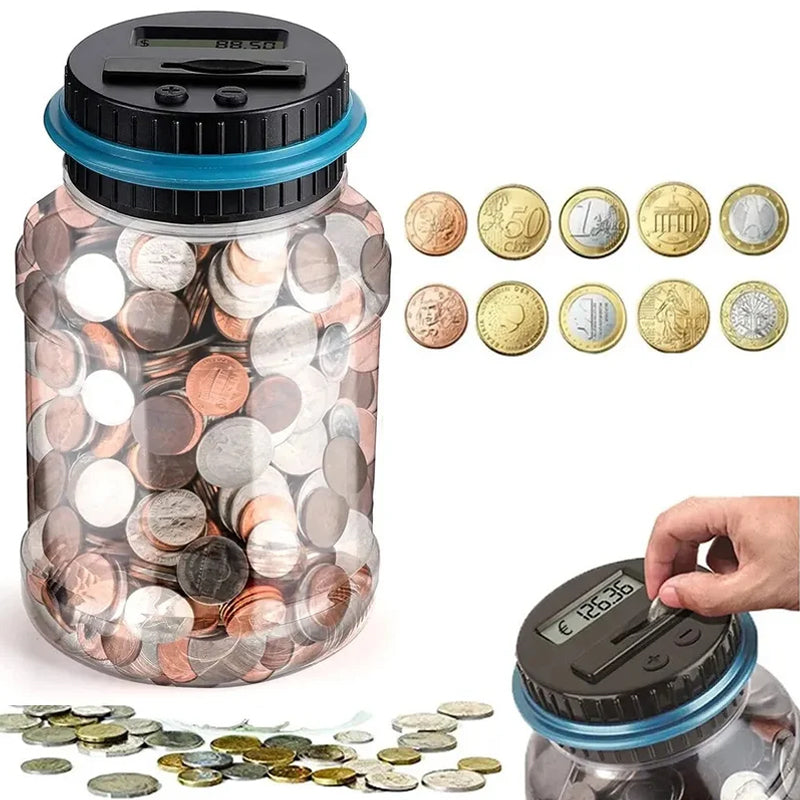 Electronic piggy bank with coin counter and LCD display