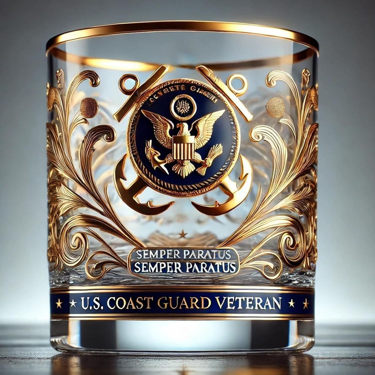 Elegant Military-Emblem Whiskey Tumbler with Gold Accents