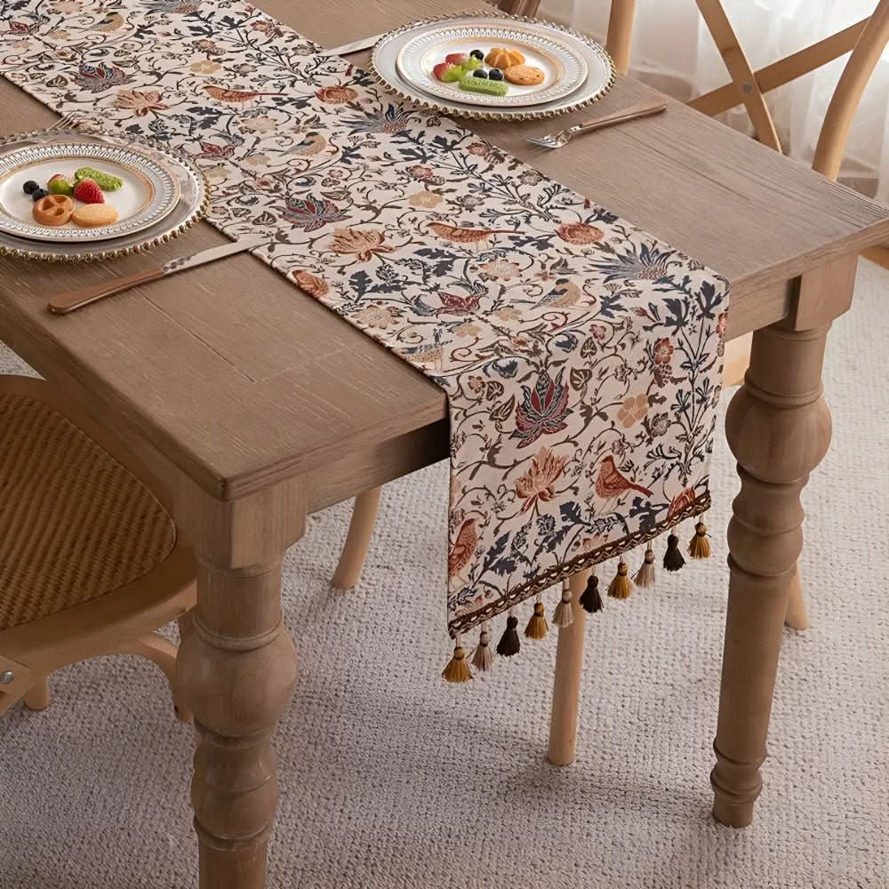 Elegant table runner with floral and bird motif