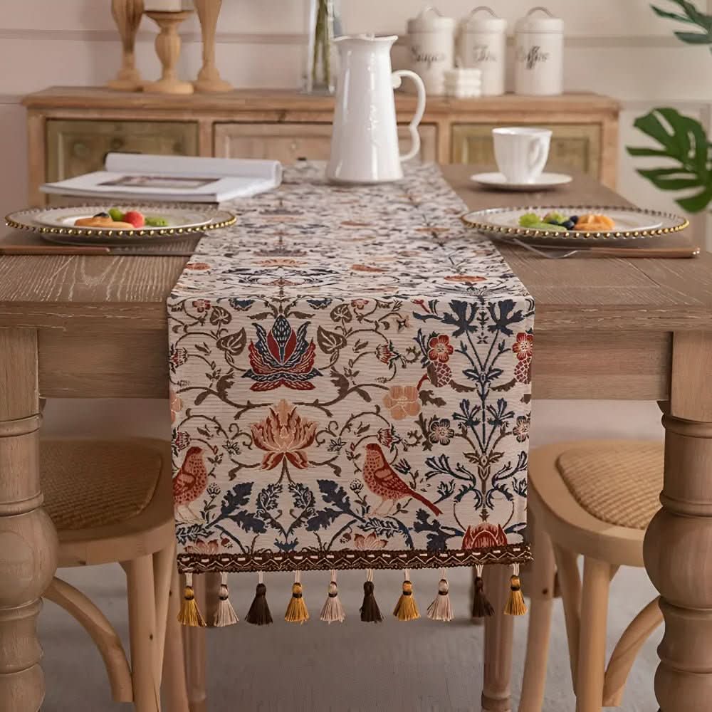 Elegant table runner with floral and bird motif