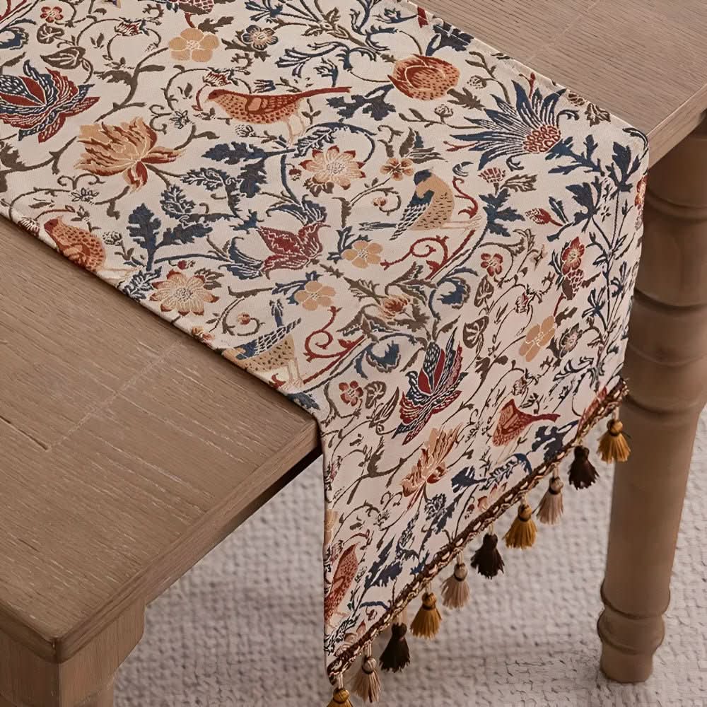 Elegant table runner with floral and bird motif