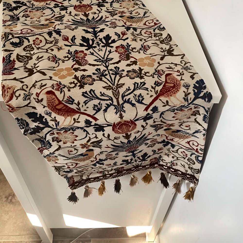 Elegant table runner with floral and bird motif
