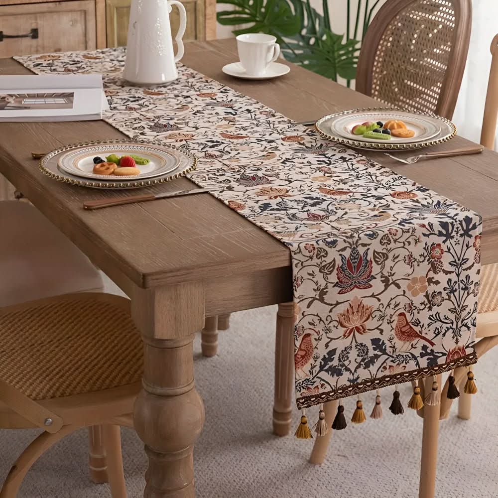 Elegant table runner with floral and bird motif