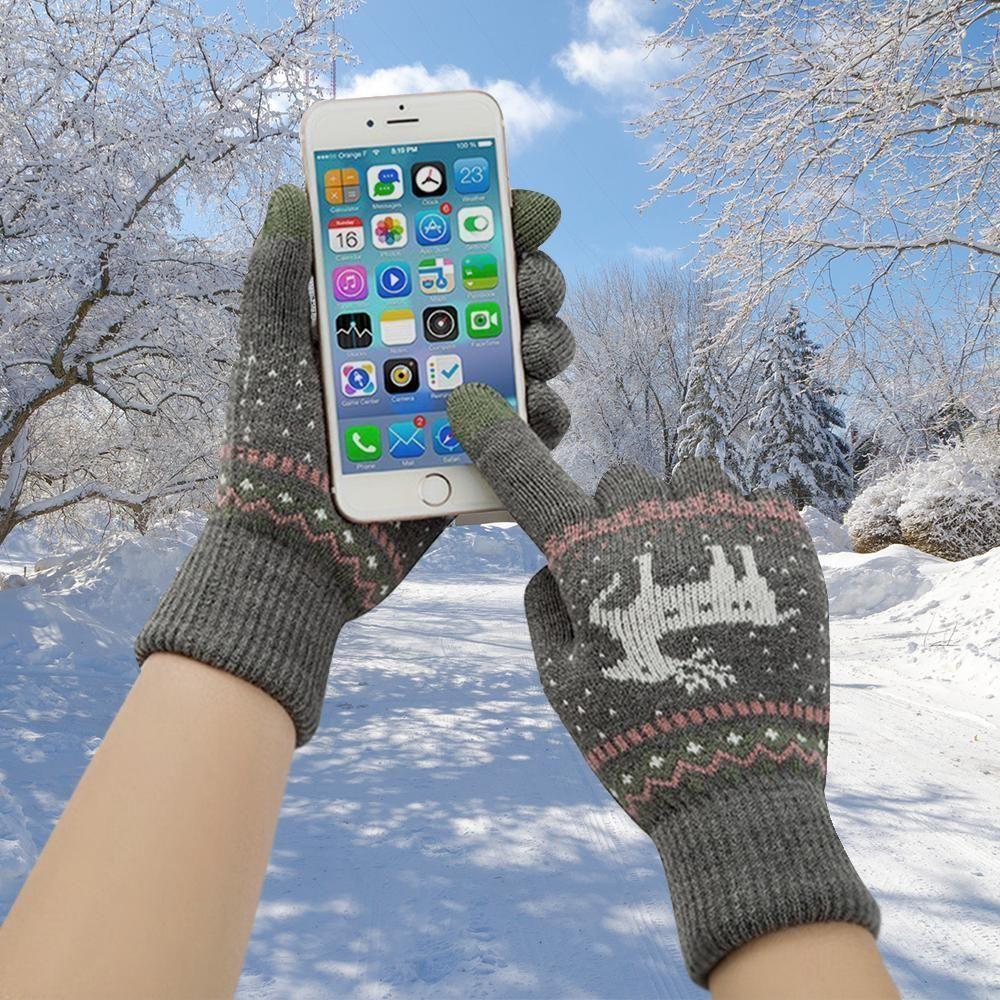 Elk Snowflake Printed Knitted Touchscreen Gloves