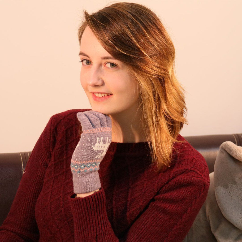 Elk Snowflake Printed Knitted Touchscreen Gloves