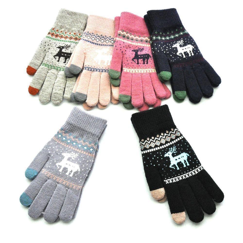 Elk Snowflake Printed Knitted Touchscreen Gloves
