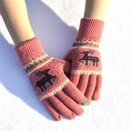 Elk Snowflake Printed Knitted Touchscreen Gloves