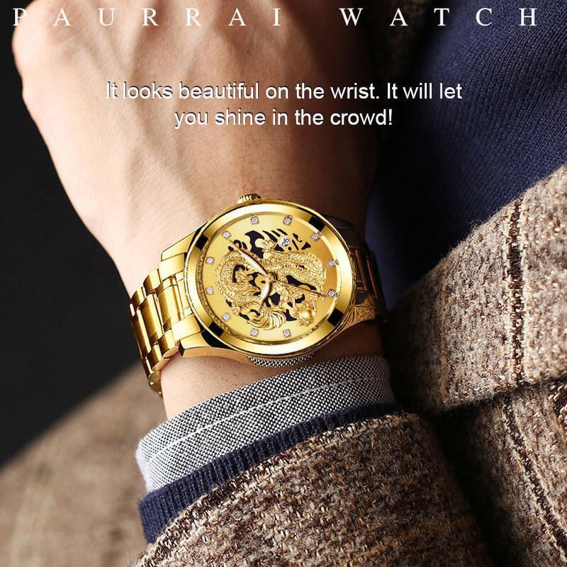 Embossed golden dragon watch