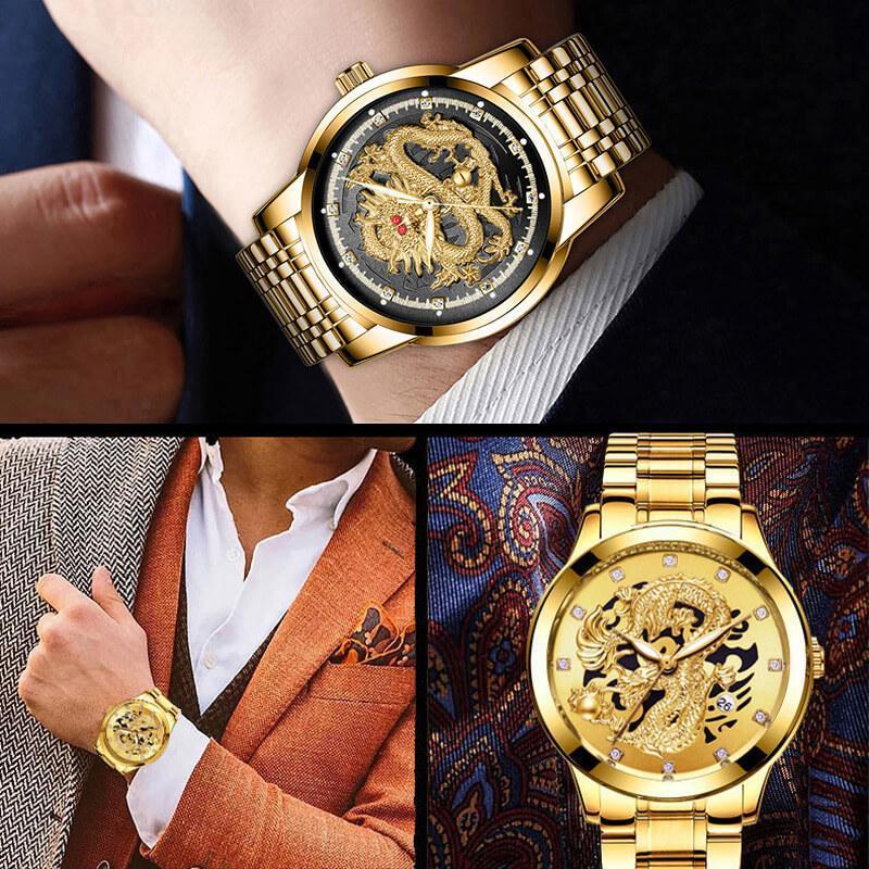 Embossed golden dragon watch