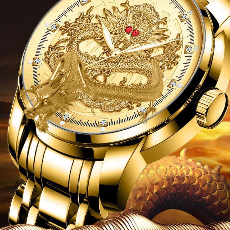 Embossed golden dragon watch
