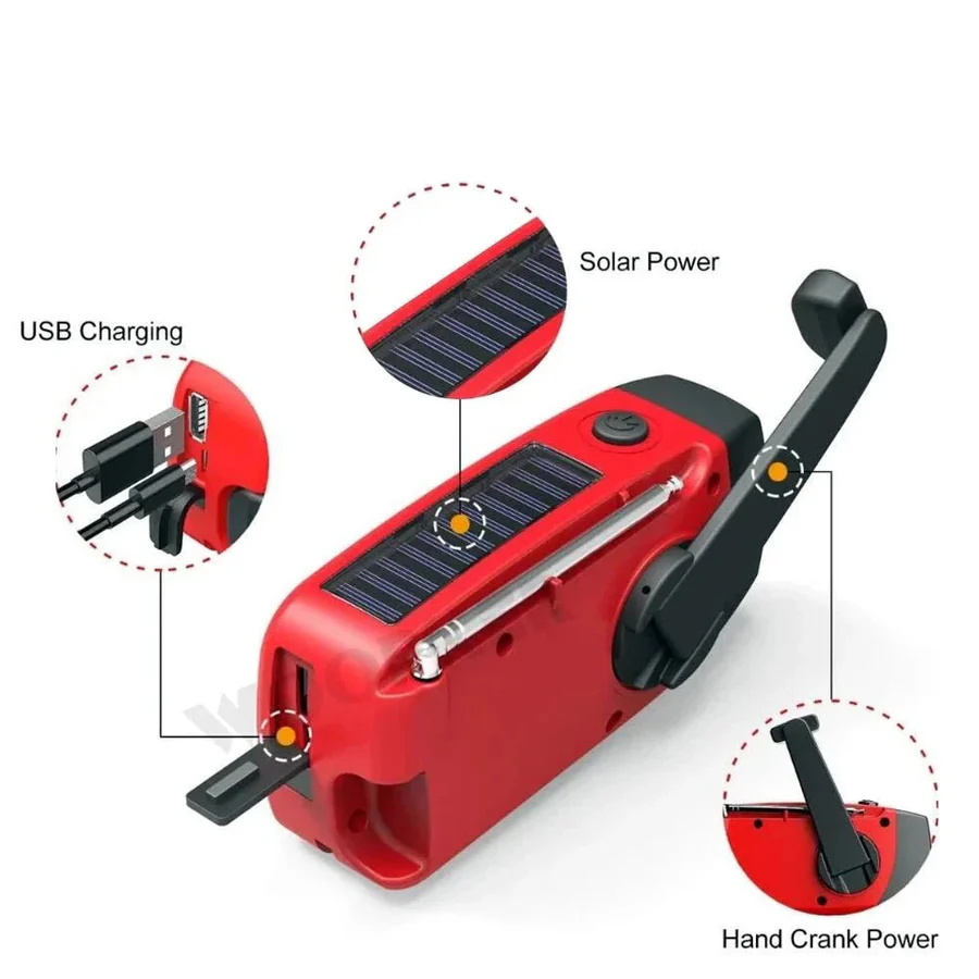 Emergency Hand Crank Radio with Solar Charging | AM/FM Bands, Flashlight & SOS Alarm | 1200mAh USB Power Bank Pack