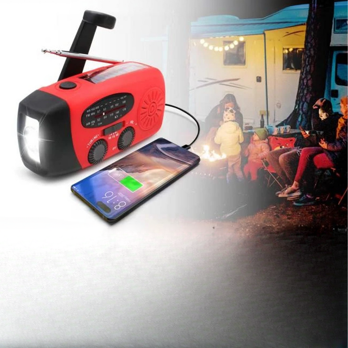 Emergency Hand Crank Radio with Solar Charging | AM/FM Bands, Flashlight & SOS Alarm | 1200mAh USB Power Bank Pack