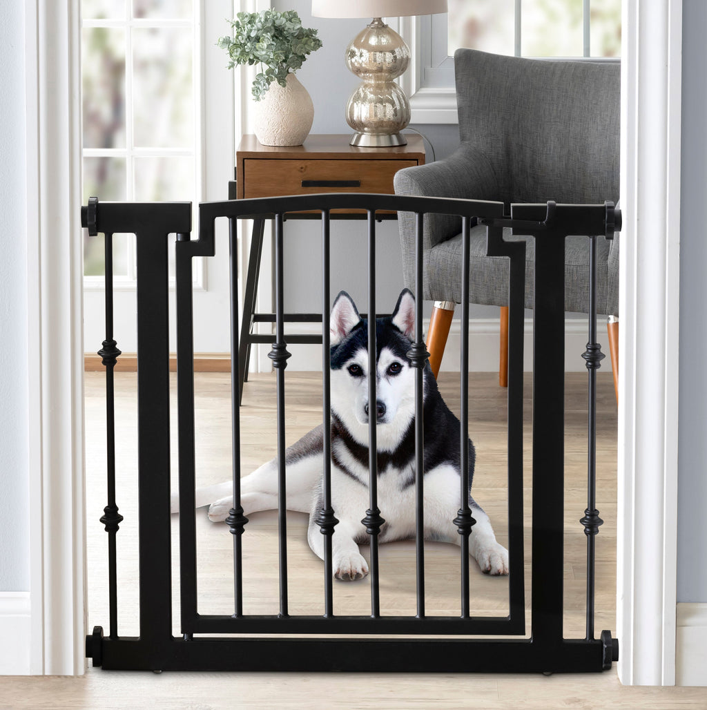 Emperor Rings Wrought Iron Dog Gate w/ Door (72 cm - 156 cm Extra Wide) Ornamental, Heavy Duty - Indoor Easy Pressure Mo
