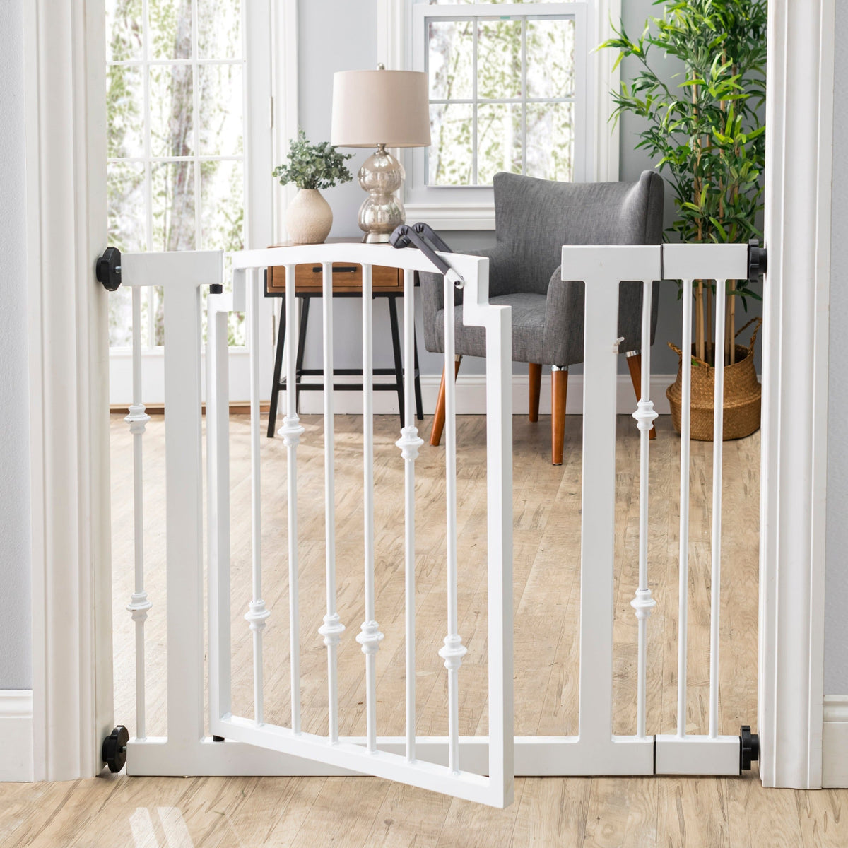 Emperor Rings Wrought Iron Dog Gate w/ Door (72 cm - 156 cm Extra Wide) Ornamental, Heavy Duty - Indoor Easy Pressure Mo
