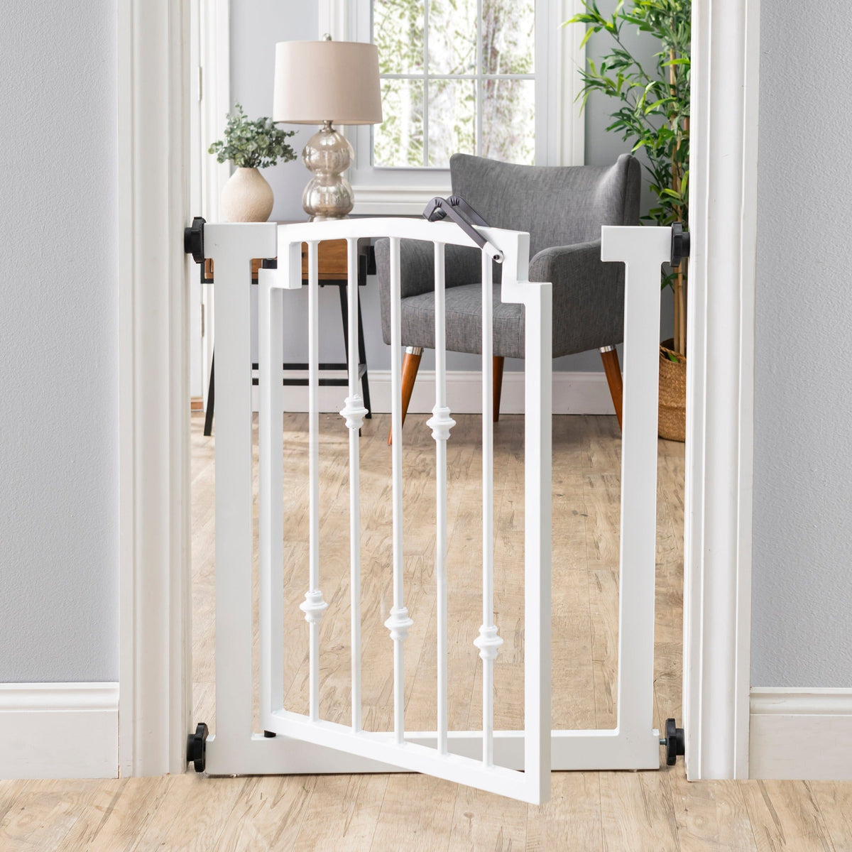 Emperor Rings Wrought Iron Dog Gate w/ Door (72 cm - 156 cm Extra Wide) Ornamental, Heavy Duty - Indoor Easy Pressure Mo