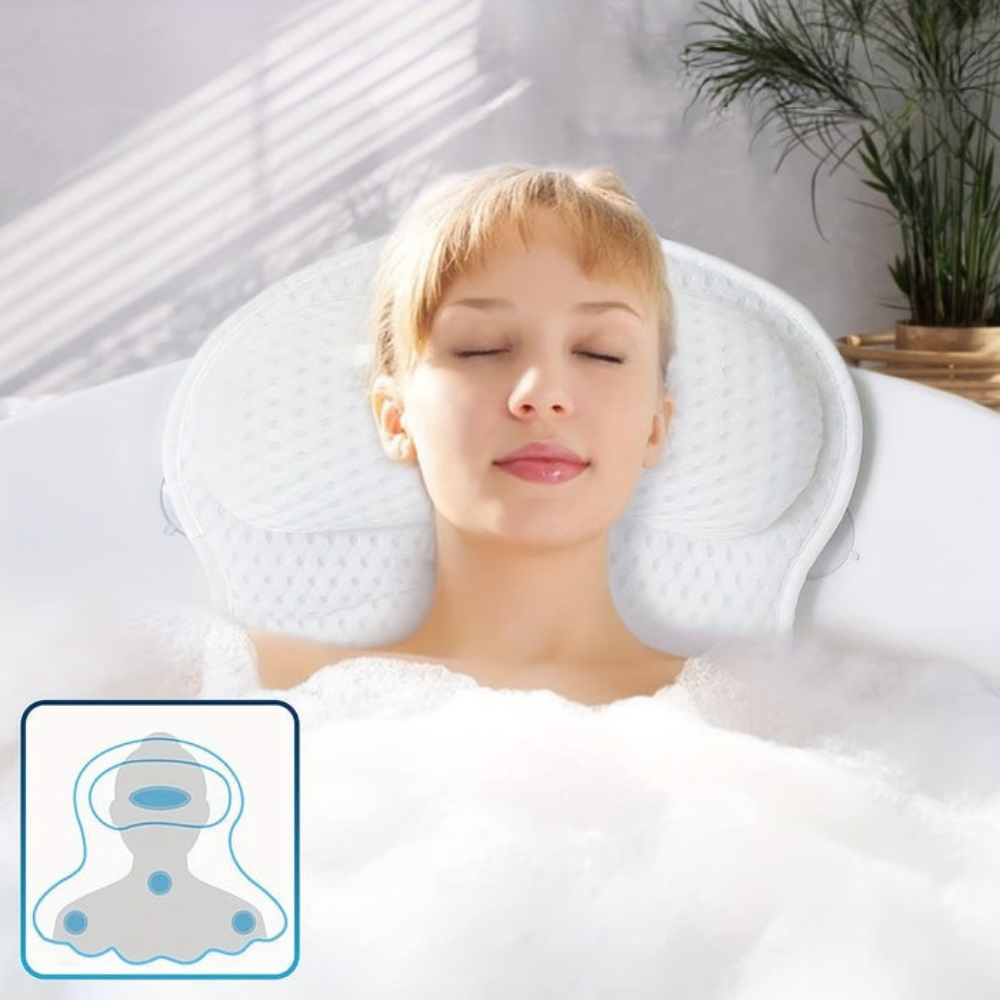 Ergonomic bath pillow with mesh spa cushion