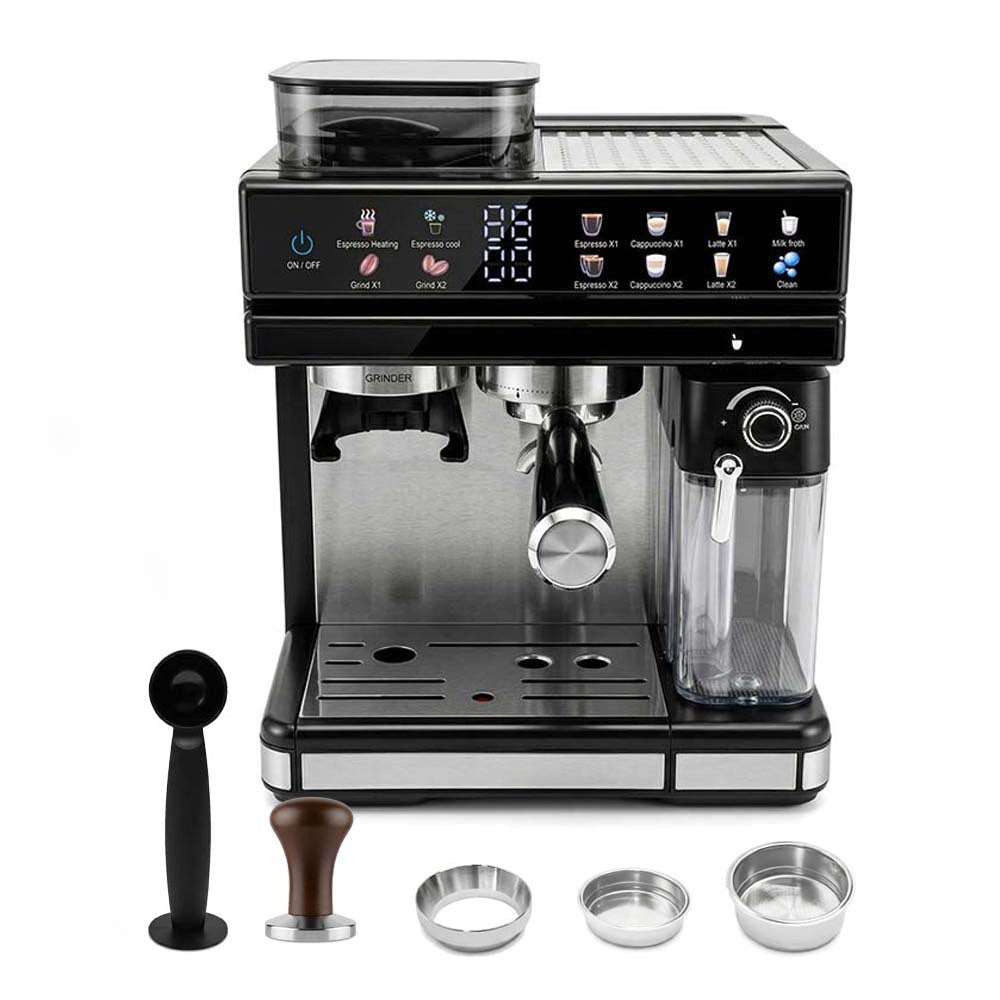 Espresso machine with integrated grinder and precise temperature control