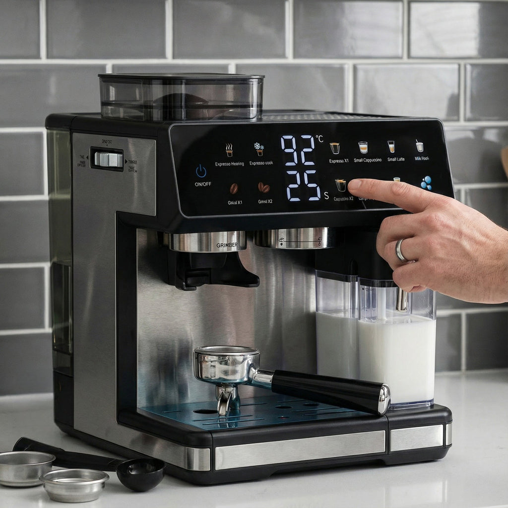 Espresso Machine with Integrated Grinder, Automatic Temperature Control and Programmable Coffee Strengths